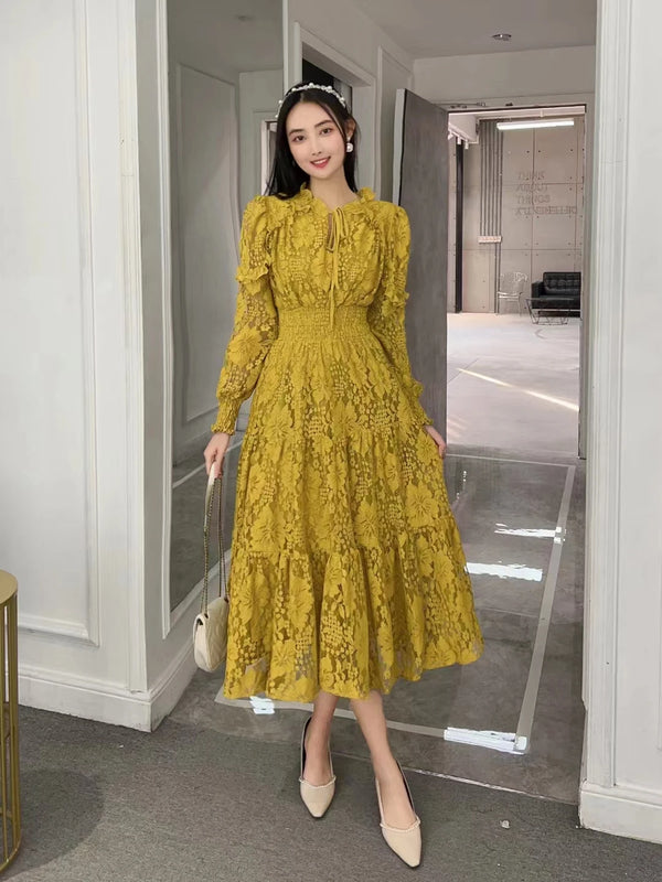 Elegant Jacquard Lace Dress for Women with Sweet Edible Tree Fungus Patchwork